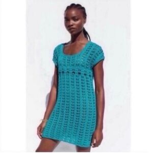 UO Peekaboo Crochet Mini Dress Teal Green